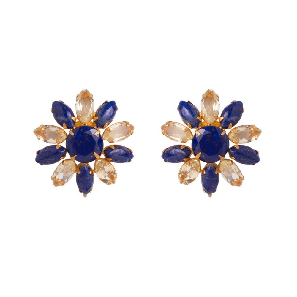 Lemon Quartz and Blue Lapis Floral Gemstone Earrings